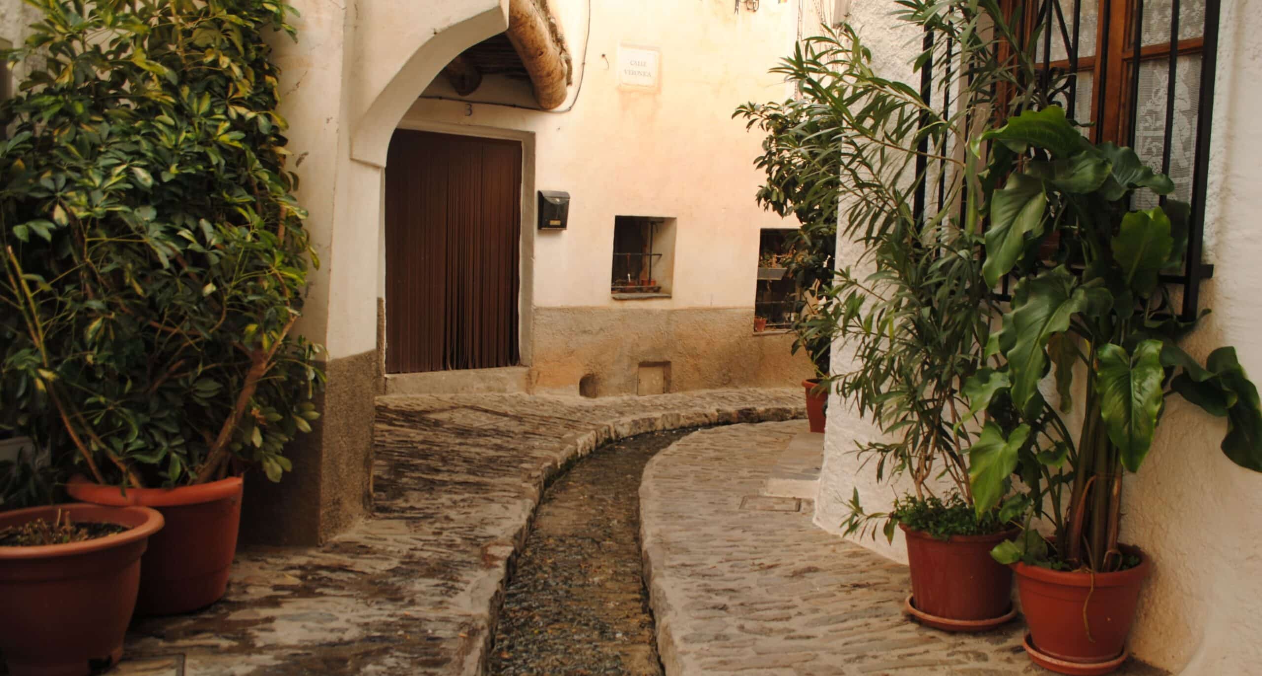 Calle Verónica en Pampaneira, con el agua corriendo por mitad de la calle