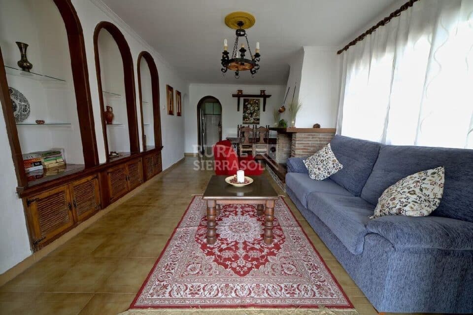 Salón con chimenea y sofá de Casa rural en Alcaucín (Málaga)-3700